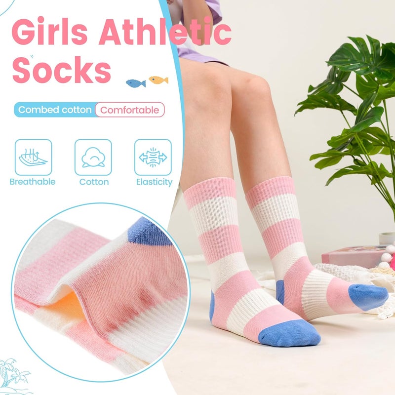 Eocom Kids Girls Socks Athletic Sport Breathable Soft Cotton Youth Girsl Crew Socks 6 Pairs - Image 2